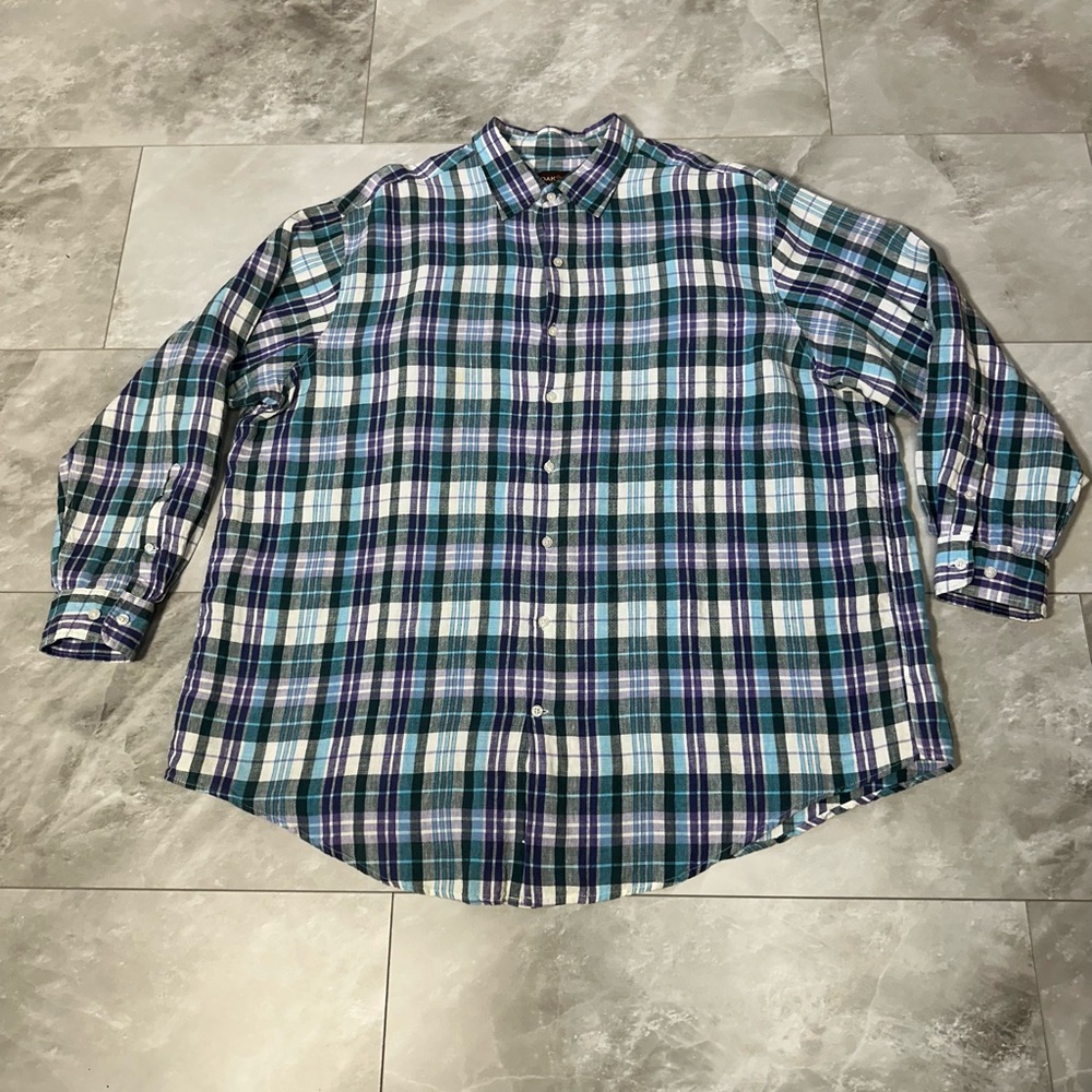 Oak Hill Mens Shirt Size 2XL Linen Roll Up Sleeve Purple Plaid